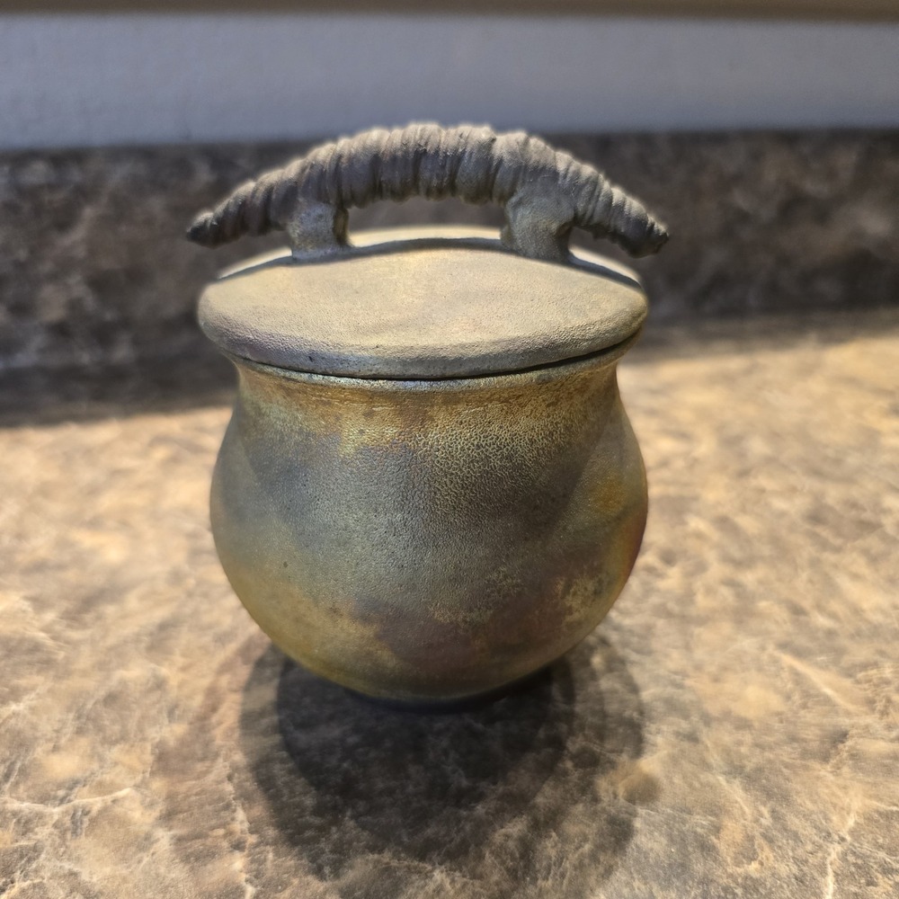 Raku Pottery Lidded Jar by Katherine Iridescent Metallic Glaze, Handmade...